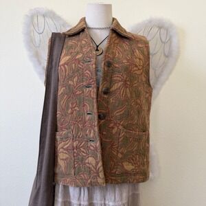 Retro Cottagecore Tapestry Floral Vest Brown Green Cotton Button Front Vintage